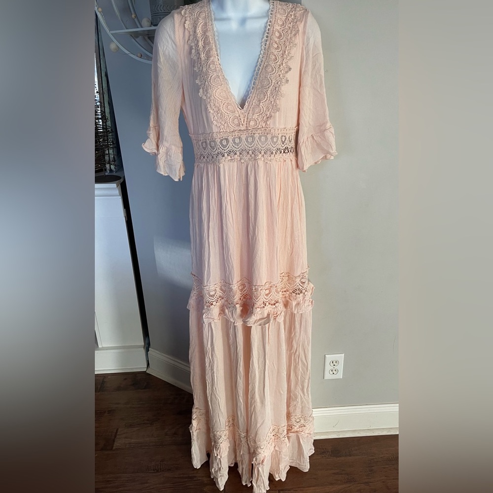 The Vintage Shop Light Pink Crochet tiered Maxi Dress